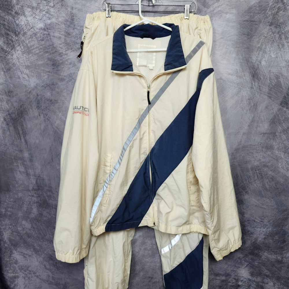 Vintage 90s Nautica Competition Tracksuit Set Mens XL Cream Nylon 3M Reflect